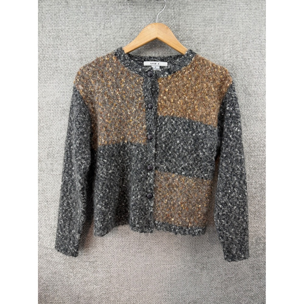 Lise J Boucle Mohair Blend Cardigan Women's Size Med Grey Brown Vintage Crewneck